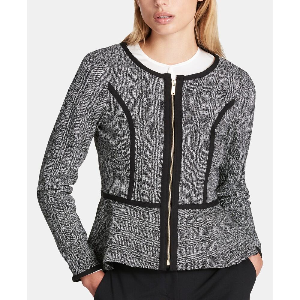 DKNY Collarless Zip-Front Peplum Jacket Black Womens PETITE 2P